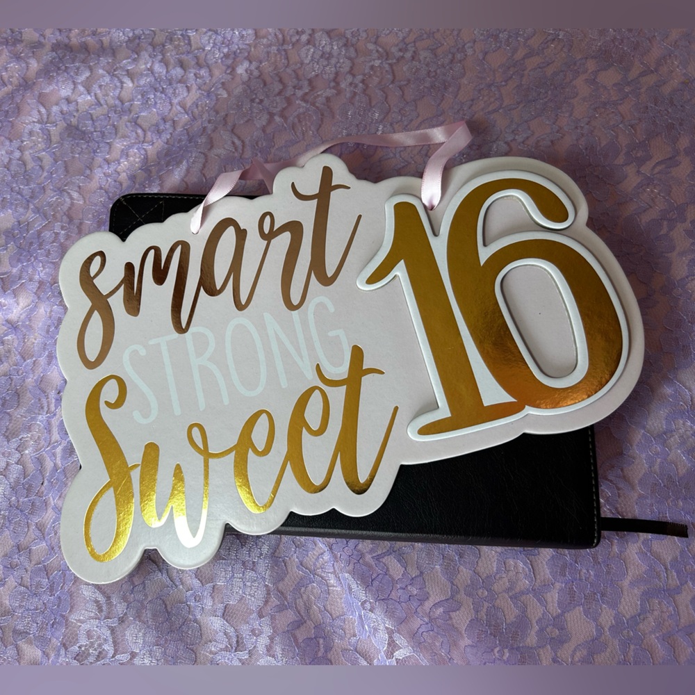 Sweet Sixteen 16 Pink & Gold Hanging Chipboard Sign for birthday or gift decor